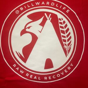 RED RAW, REAL, RECOVERY T-SHIRT WITH WHITE ICON
