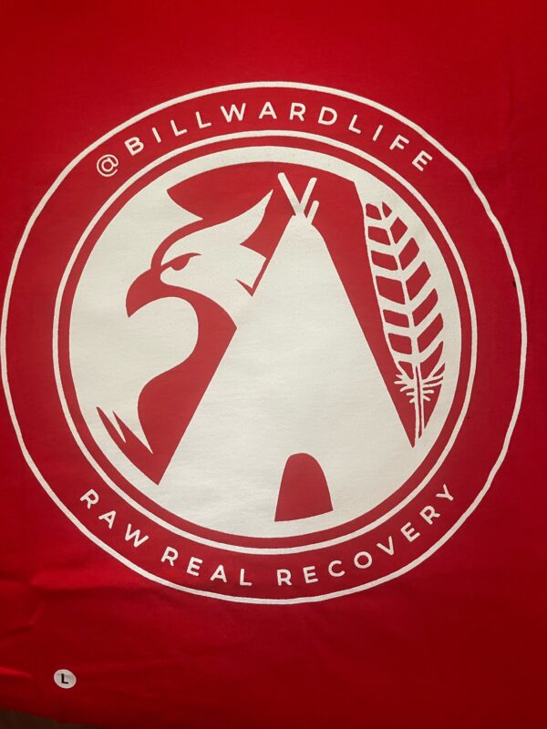 RED RAW, REAL, RECOVERY T-SHIRT WITH WHITE ICON