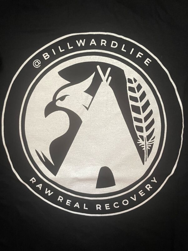 REAL, RAW, RECOVERY  BLACK T-SHIRT, WHITE ICON